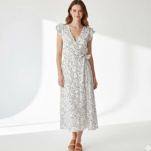 A New Day White Black Floral Wrap Midi Dress Ruffle Sleeves